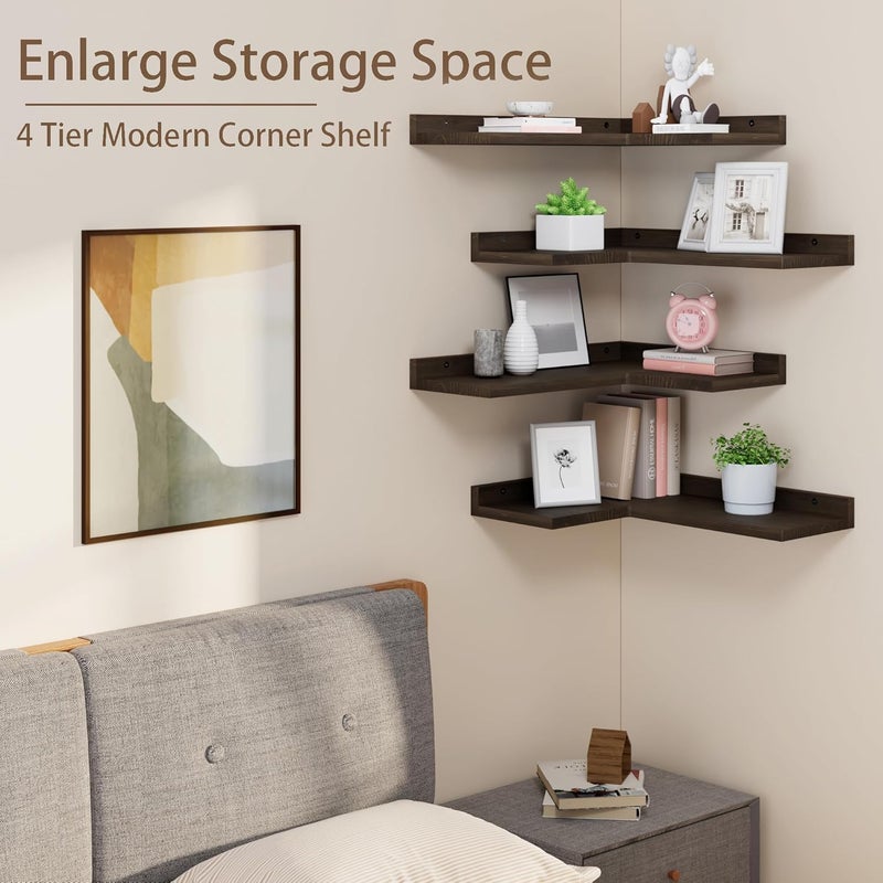 Eostbe Store Floating Corner Shelves Set of 4, Rustic Pine Wooden Floating Corner Wall Shelf for Wall Décor Storage, L Shaped Corner Shelf Wall Mount For Bedroom, Living Room, Bathroom, Kitchen, Dark Brown. - Image 4